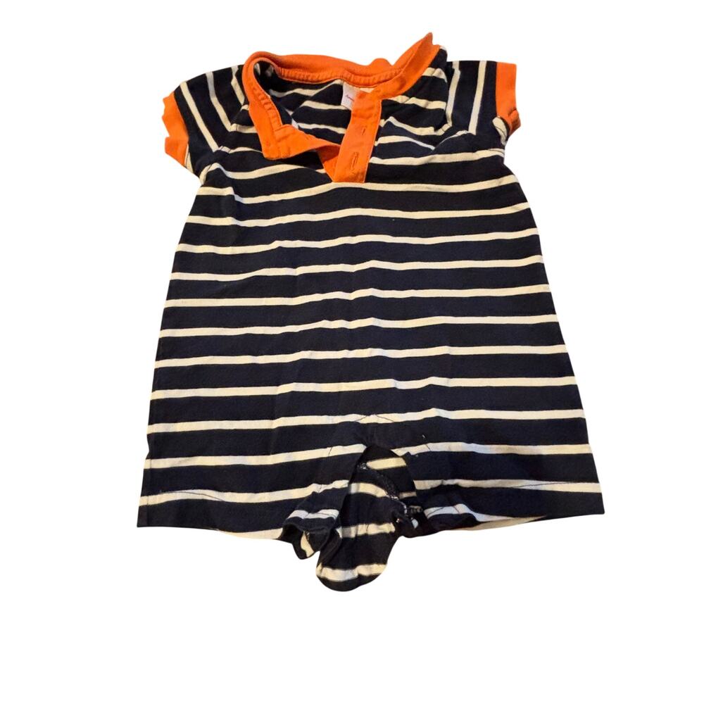 Hanna Andersson Size 60 Navy Stripe Shortall Romper Orange Trim